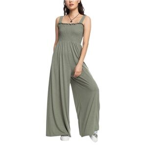 Women's Smocked Sleeveless Tank Olive Green Wide Leg Jumpsuit Siz…